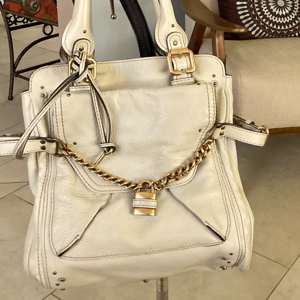 Authentic Chloe Large Handbag with decorative chain lock & key.